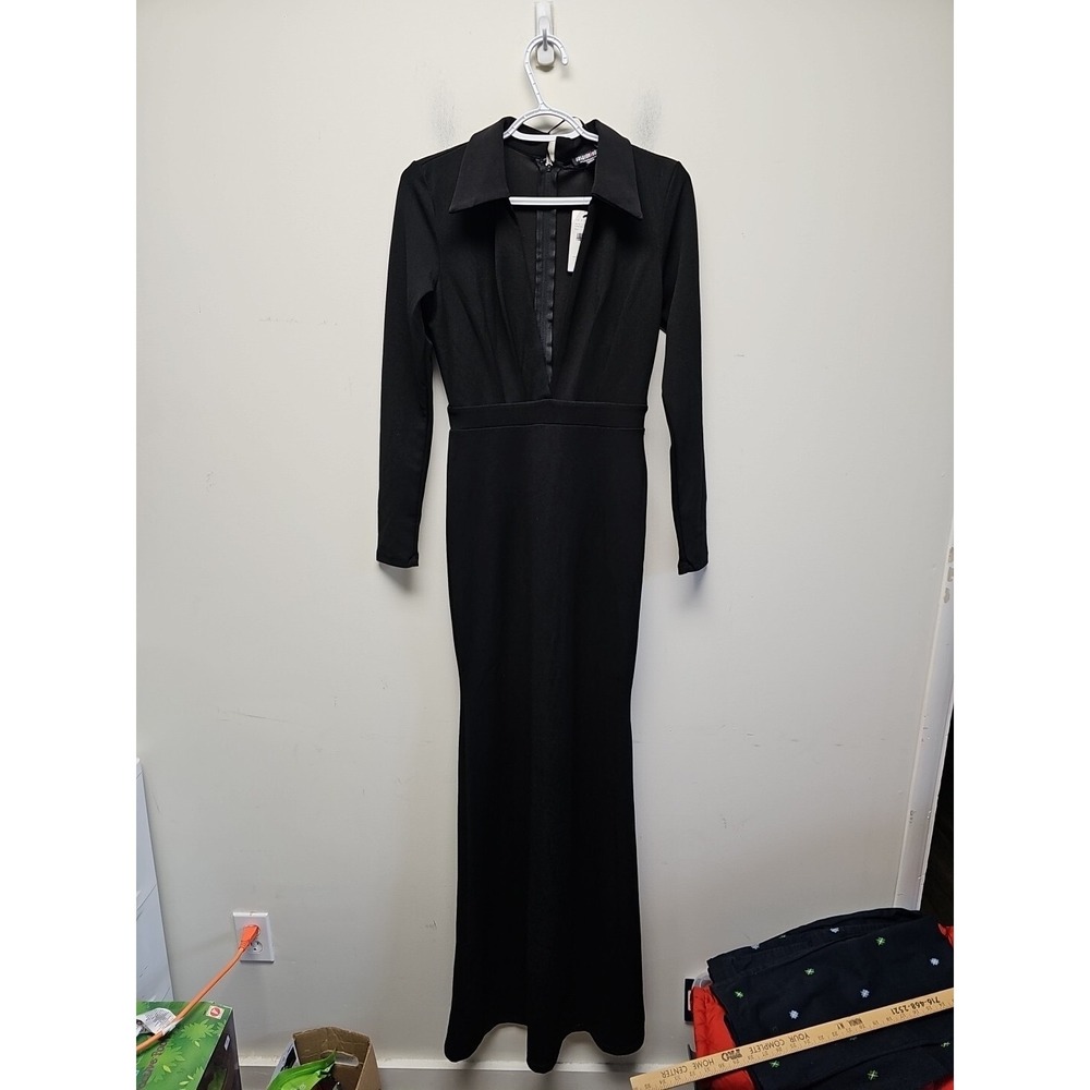 Fashion Nova Black Collared Deep V Neck Long Sleeve Maxi Dress Formal Size Sโ